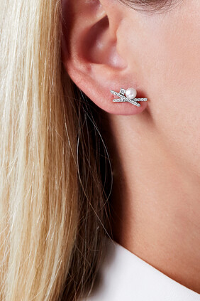 Sleek Cross Earrings, 18k White Gold with Akoya Pearls & Diamonds